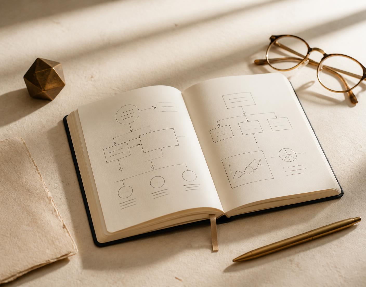 Study desk with a notebook showing a project process diagram, glasses and a brass pen